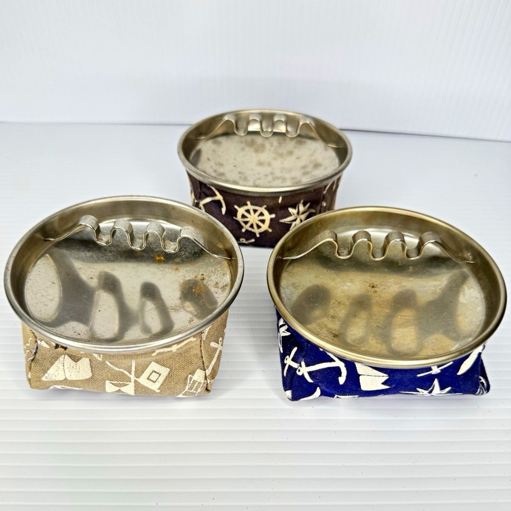 Lot of 3 Vintage Nautical Round Metal Fabric Ashtrays Portable Blue Gray 5"